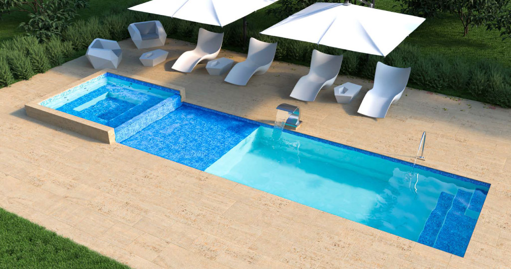 Piscina de fibra de vidrio Cibeles con spa y playa desbordante